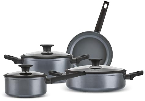 Karaca Ceramica Iconic Grau 7 pièces Ensemble de Casseroles et Poêles, Batterie de Cuisine Antiadhésive pour Induction, Durable, Casseroles et Poêles en Céramique Passe au Lave-vaisselle