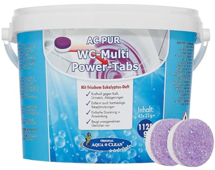 AQUA CLEAN PUR WC Multi Power-Tabs 45 Stück – Eukalyptus-Duft | 45 WC-Reinigungstabs gegen Ablagerungen und Verschmutzungen – selbsttätige Reinigung mit frischem Eukalyptus-Duft.