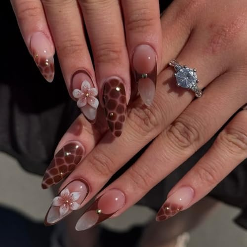 24pcs Red French Tip Press on Nails Short Almond Fake Nails with 3D Gold Stripe Bead Designs Red Flower Glue on Nails Summer False Nails Full Cover Acrylic Nail Tips Stick on Nails for Women