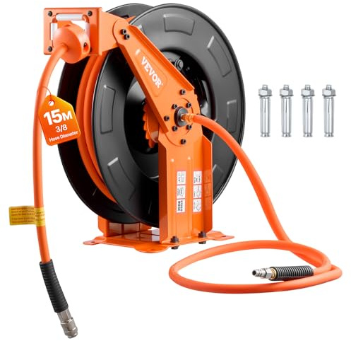 VEVOR Carrete de Manguera de Aire Retráctil 15 m x 9,5 mm, Manguera para Compresor de Aire Presión Máxima de 300 PSI, con Entrada de 1,52 m, Brazo Doble para Montaje en Techo o Pared, para Taller