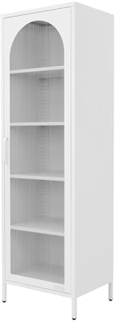 ML-Design Vitrinenschrank 45x145x35 cm, Weiß, Schmale Vitrine mit 5 Ablagen und 1 Tür, Metallschrank aus Stahl, Küchenschrank Aktenschrank Büroschrank, Hochschrank für Esszimmer, Wohnzimmer, Büro