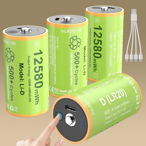 ENEGON 4er-Pack D-Akkus (12580mWh,1.5V,LR20),inkl.1-auf-4-Ladekabel. Mit berührungsempfindlicher LED-Anzeige,geeignet für Flutlichter,Campingleuchten,Radios und Sicherheitsleuchten