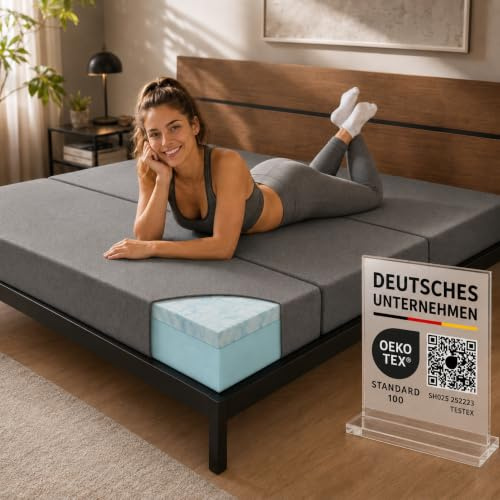 Arensberger Luisa Klappmatratze 90x200 cm | Gel Memory Foam, 15cm, OekoTex | 3-fach faltbar, Gästematratze, Bodenmatratze, Schlafsessel & Gästebett, Mittelgrau, rollbar, platzsparend & waschbar