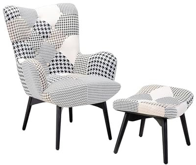 Beliani Ohrensessel mit Hocker Stoffbezug Schwarz/Weiß Holzbeine Chesterfield Vejle