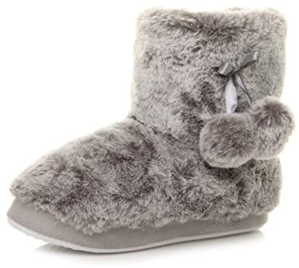 Ajvani Womens Ladies Winter pom pom Fur Lined Knitted Ankle Slipper Boots, Grey Fur, 3 UK
