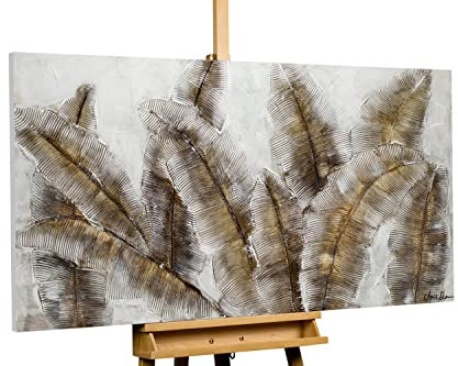 KunstLoft Leinwandbild | 100% HANDGEMALT | 140x70cm | Gemälde 'Iced Feathers' | Wald & Bäume | Weiß Braun | Wandbild Wohnzimmer