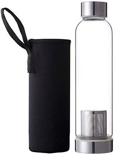Demarkt Gourde en Verre 550 ML avec passoire à thé Sport Bouteille d'eau avec Filtre en Acier Inoxydable avec Sac en Nylon, Verre, Noir, 6 * 24 cm