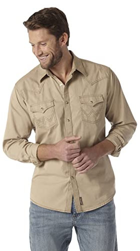 Wrangler Men's Retro Two Pocket Long Sleeve Snap Shirt Button, Solid Tan, Large