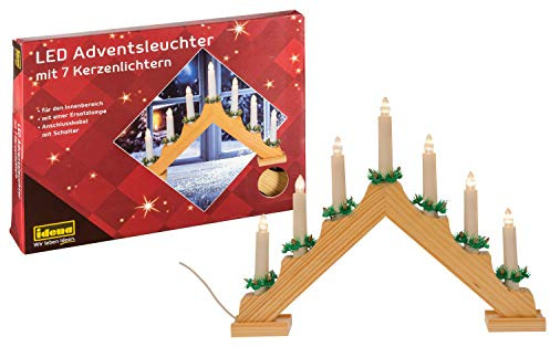 Idena 8582088 - LED Adventsleuchter aus naturfarbenem Holz mit 7 LED Kerzenlichtern (2 Adventsleuchter, Klassisch)