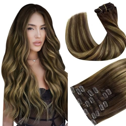 Clip in Extensions Echthaar Braun Balayage Haarverlängerung Clip in Echthaar Remy Extensions Clip in Echthaar Dunkelbraun Ombre Karamellblond Unsichtbar 7pcs #4/27/4 40cm 120g
