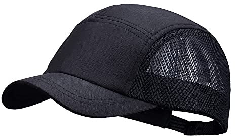 CLAPE Short Brim Baseball Cap Black Mesh 5 Panel Cap Quick Drying Basecaps Adjustable Men’s Trucker Snapback Cap Atmungsaktiv Cap Kurzer Schirm