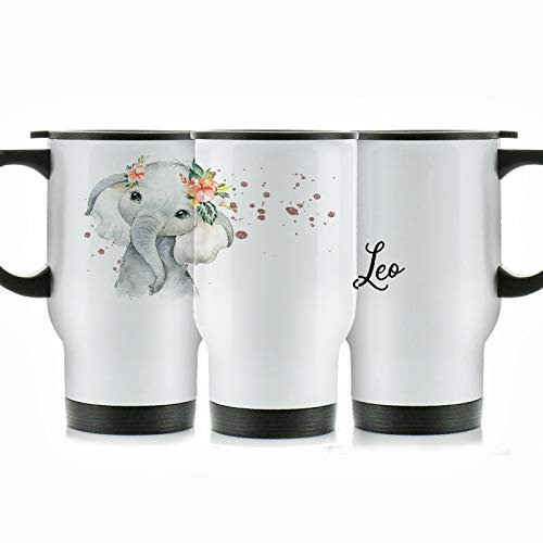 Hairyworm Personalised Travel Mug, 400ml White Stainless Steel Travel Mug with Handle, Customised with Initial/Name, Elephant Rain Drop Glitter Print Design Print