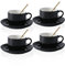 CHILDIKE Porcelain Coffee Cups and Saucers Set of 4 with Gold Spoon 220 ml/ 8 Ounce, Ceramic Black Cups for Tea Cappuccino Espresso