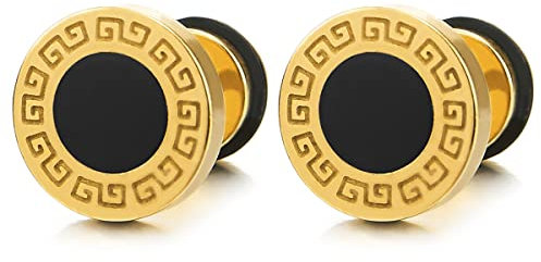 10MM Gold Kreis Ohrstecker für Herren mit Griechischen Schlüsselmuster und Schwarz Emaille. Ohrringe. Herren Ohrschmuck