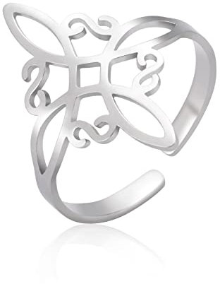 LIKGREAT Keltischer Knoten Ring Irisch Einstellbar Ring Antik Keltisch Offener Ring Quaternity Celt Glück Schutz Amulett Edelstahl Schmuck für Männer Frauen (Silber)