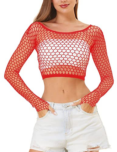 LemonGirl Women Fishnet Long Sleeve Top Lingerie Babydoll Chemise Mesh Shirt One Size UK4-20 Red