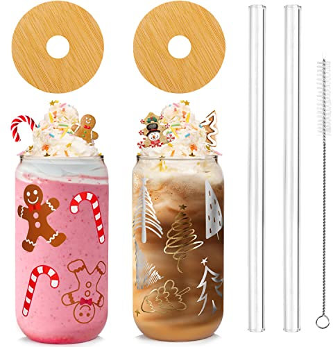 Weihnachtstassen, 550ml Weihnachtskaffee Tassen Bier Dose Glas mit Deckel und Stroh Bunte Weihnachtsbaum Elch Tumbler Trinkgläser Glaswaren