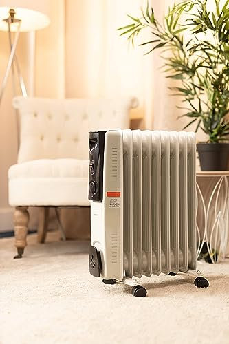 Marco Paul White 9 Fin Oil Filled Radiator CE Approved Electric Heater Standing Portable Heater with Adjustable Heat Control Space Heater Energy Efficient Small Compact Room Heater Home Office 2000w
