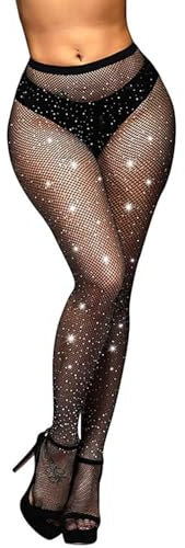 QEEYON Medias de Red con Diamantes de Imitación, Estiramiento de Cintura Alta Medias de Malla, Medias de Fiesta para Club Nocturno Fiesta Disco Bar