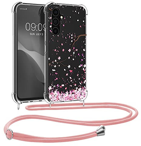 kwmobile Necklace Case kompatibel mit Samsung Galaxy A54 5G Hülle - Silikon Cover mit Handykette - Rosa Dunkelbraun Transparent Kirschblütenblätter