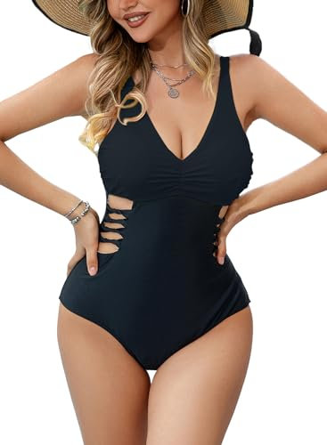 JFAN Costume da Bagno Intero Donna Curvy con Scollo a V Costumi Interi Mare Donna Bikini Push Up Un Pezzo con Imbottito Rimovibile Swimwear-Nero,S