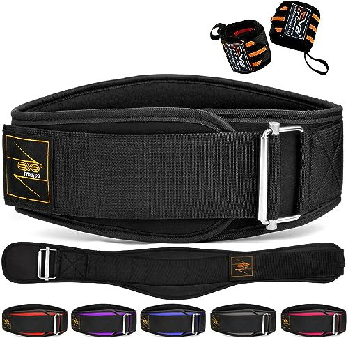 EVO Fitness Weight Lifting Belt AUTO LOCK 6.5” Neoprene Padded Back Lumbar Support Gym Training Exercise Workout Bodybuilding Powerlifting Deadlifts Squats with 18 Wrist Wrap (Small, Black)