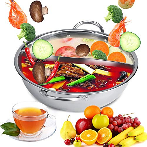 Olla Caliente de Acero Inoxidable con Divisor, Olla Antiadherente Gruesa, Olla para Sopa de Dos Sabores con Mango Hueco, Cocina de Inducción, Frunace de Gas Y Fuego de Leña Utilizable(27 cm)