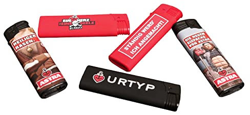 Astra Bier Elektronik Gasfeuerzeuge Feuerzeug (5 Stück) im Set mit unterschiedlichen Motiven und Farben, nachfüllbar