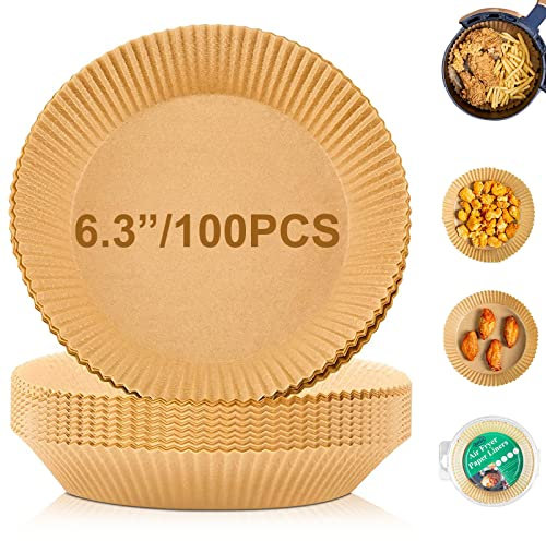 Air Fryer Disposable Paper Liner, 100PCS 6.3 Natural Parchment Paper for Air Fryer Oil-proof Water-proof, Food Grade Parchment for AirFryer, Steamer, Microwave Etc