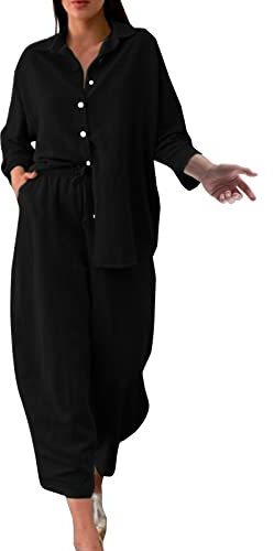 KEERADS Frauen 2 Stück Retro Plus Größe Baumwolle und Hemd Anzug Hohe Taille Hosen Anzug Top Hose Langarm Leggings Damen