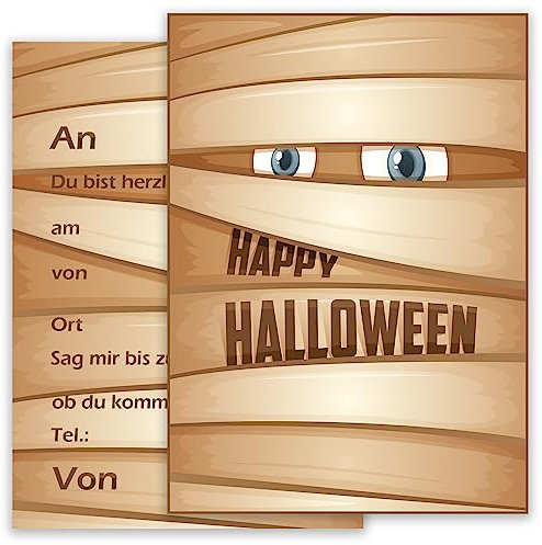 10 Halloween Karten Einladungskarten Einladung Jungen Mädchen Kinder Party Motiv Halloweenparty Grusel Party Mumie Set beige