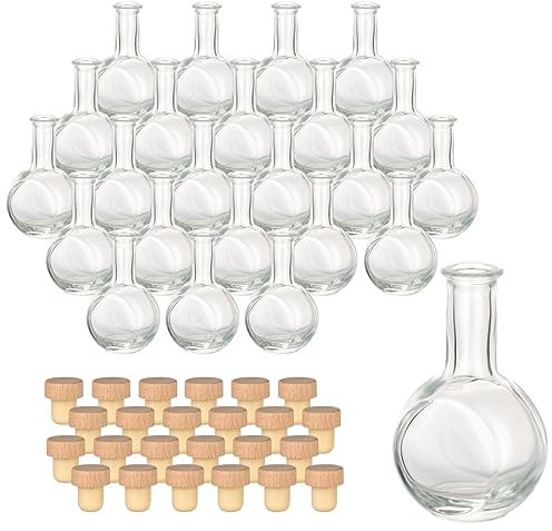 gouveo Juego de 24 Botellas de Vidrio 50 ml Licor con Corcho (HGK) - Mini Botellas 0,05 L de Vidrio - Botella de Diseño Vacía con Tapón de Corcho para Licor, Aceite o Decoración (LF050HGK)