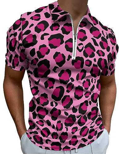 Pink Leopard Print Men's Golf Polo-Shirt Summer Short Sleeve T-Shirt Quick Dry Muscle Tees L