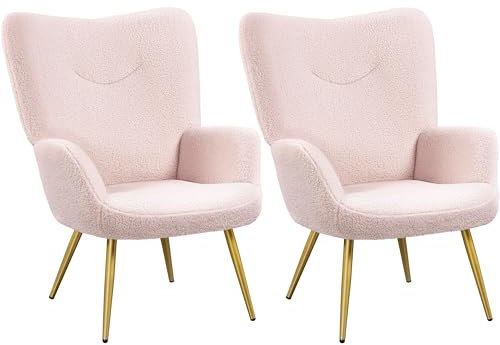 Yaheetech Ohrensessel 2er Set Modern Sessel aus Bouclé-Gewebe Armsessel Lehnsessel Polsterstuhl bis 136 kg Belastbar Rosa