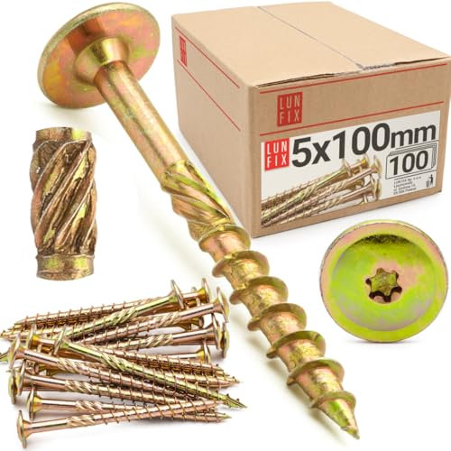 Lun Fix Tellerkopfschrauben 5x100 | 100 Stück | TX40 Torx | Tellerkopf mit Fräsrippen | Gelb Verzinkt | Holzschrauben | Terrassenschrauben | Spanplattenschrauben | Selbstschneidende Schrauben