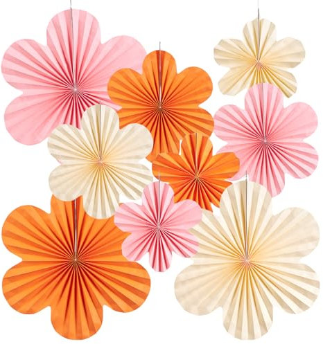 SUNBEAUTY 9 Pcs Paper Decorations Paper Flowers Fans Decorations Hanging Flowers Backdrop Orange Pink Party Decor Hanging for Birthdays Weddings Baby Shower Spring Tea Party Table Decoration
