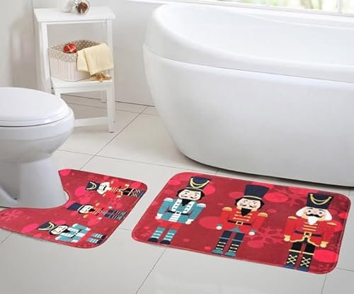 London Dream 2 Piece Christmas Festive Memory Foam Bath Mat and Pedestal Set, Non-slip Soft Super Absorbent Bathroom Rugs (Nutcracker)