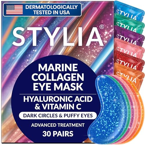 Stylia Augenunterpflaster für geschwollene Augen (30 Paar), Meereskollagenmaske für Schwellungen mit Vitamin C, Hyaluronsäure und Perlenextrakt, Gel-Pads für O