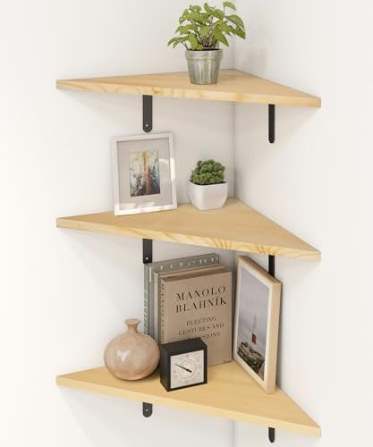 Mazjoaru Eckregal Hängend Wandregal Ecke 3er Set Massivholz Eckregal Vergrößerter dreieckiger Wandregal Holz modern Industriestil Landhausstil Regal für Schlafzimmer Wohnzimmer Küche 38cm