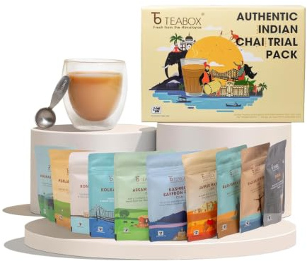 Teabox Premium authentischer indischer Gewürz-Chai-Tee, Probepackung, 10 exotische Chai-Sorten à 30 g, 300 g, keine künstlichen Aromen, hergestellt in kleinen Chargen, perfektes Tee-Geschenk