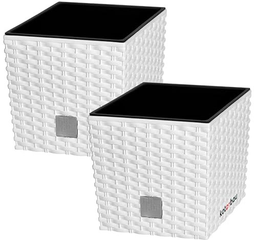 KOTARBAU® 2er Set Blumentöpfe 4 L Höhe: 17 cm Weiß Pflanzentopf aus Kunststoff Übertopf mit Innentopf Blumentopf Set wie Rattan Pflanzentopf Innen Außen