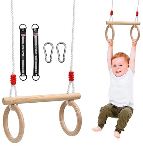 Trapez Schaukel Garten,Turnringe aus Holz,Turngeräte für drinnen und draußen für Kinder,Ringschaukel,Turnschaukel aus Holz,Maximale Tragkraft 100 kg(Verstellbare Seillänge)