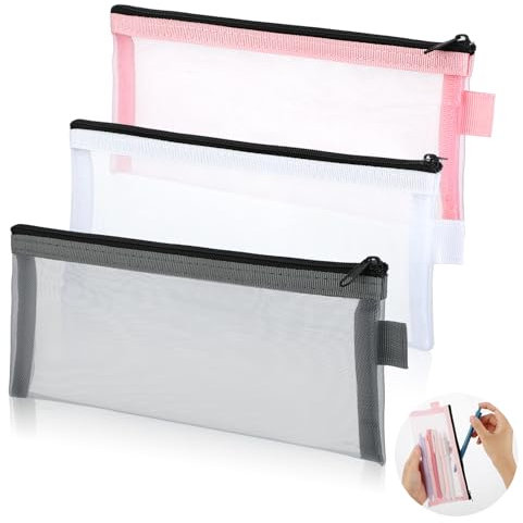 YUXIANLB 3 Stück Durchsichtige Federmäppchen Nylon Netz Federmäppchen Make Up Netz Reißverschlusstaschen Kleine Federmäppchen für Mädchen Jungen Erwachsene Mini Reise Make Up Tasche Organizer