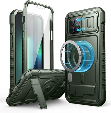 Dexnor Magnetic Bumper Case for iPhone 13 Pro Max, MagSafe Comapitble, Heavy-duty Shockproof Full-body Rugged Protective Cover with Kickstand & Camera Cover & Screen Protector - Army Green