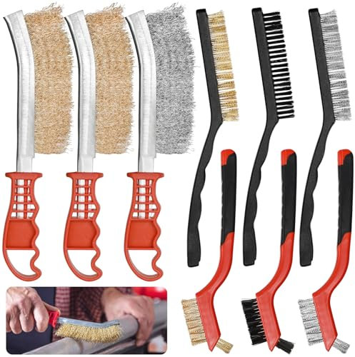 Sinofort Wire Brush,9 PCS Wire Brush set wire brush for rust removal,Stainless Steel Carbon Brass Nylon Wire Scrubbing Brushes for Wood,Used for Metal, Masonry and More, Paint & Grime Removal