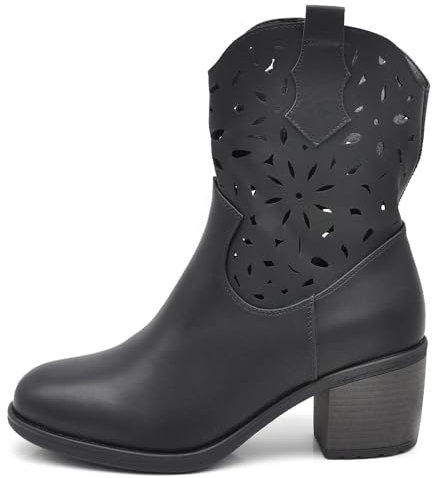 IF Fashion Stivali Stivaletti Tronchetti Camperos da Donna Traforato Con Tacco Pelle Sintetica Forata GR-6658 nero N.37