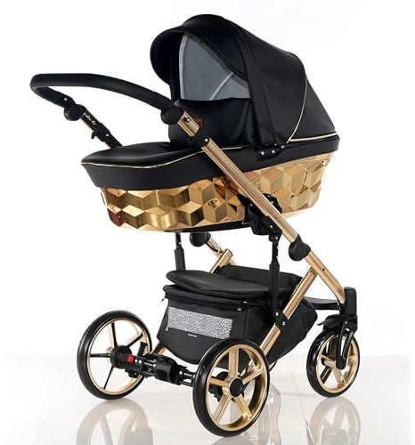 Trio CUBIC Kajtex BBtwin Ecuero Eco Kinderwagen mit goldenen oder silbernen Details, 3-in-1 Kinderwagen und Zubehör, Schwarz Gold
