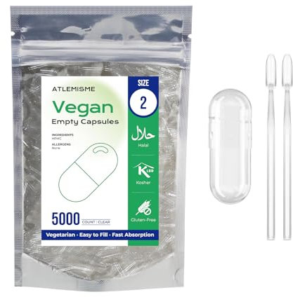 ATLEMISME Gélules Vides Végétales Taille 2 - Lot de 5000 avec 2 Cuillères - Sans Gélatine - Gélules Faciles à Remplir et à Dissoudre Rapidement - Idéales pour Compléments Alimentaires et Poudres
