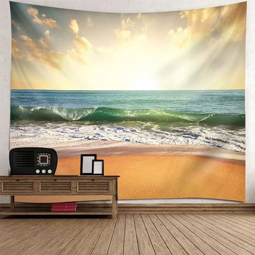 Lirzxin Wandbehang 260x240CM, Wandteppiche Strand Wellen Landschaft Grün Braun Tapisserie Wandtuch für Wohnzimmer Schlafzimmer Picknickdecke Teppich Yogamatte Wanddeko