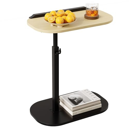 YFGNOEMI C Shaped End Table, Adjustable Height C Shaped Couch Side Table, 360°Swivel & Flip Top Small Sofa Side Table Slide Under, Coffee Table with Metal Frame (Wood-Black Frame)